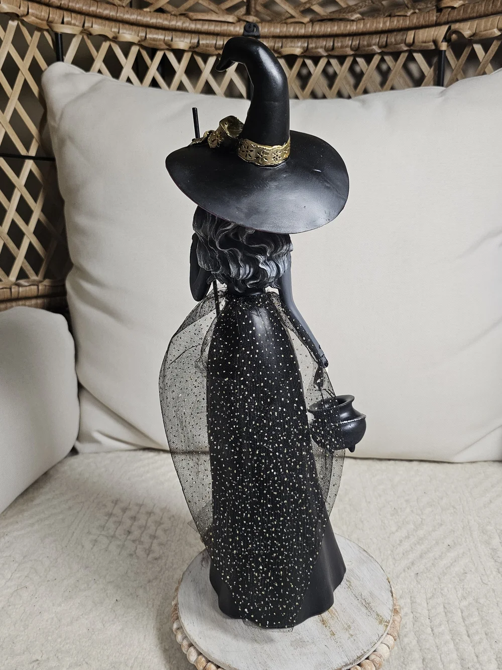 Elegant Gothic Witch Figurine Halloween Decor Black Gold Tulle Gown Broom